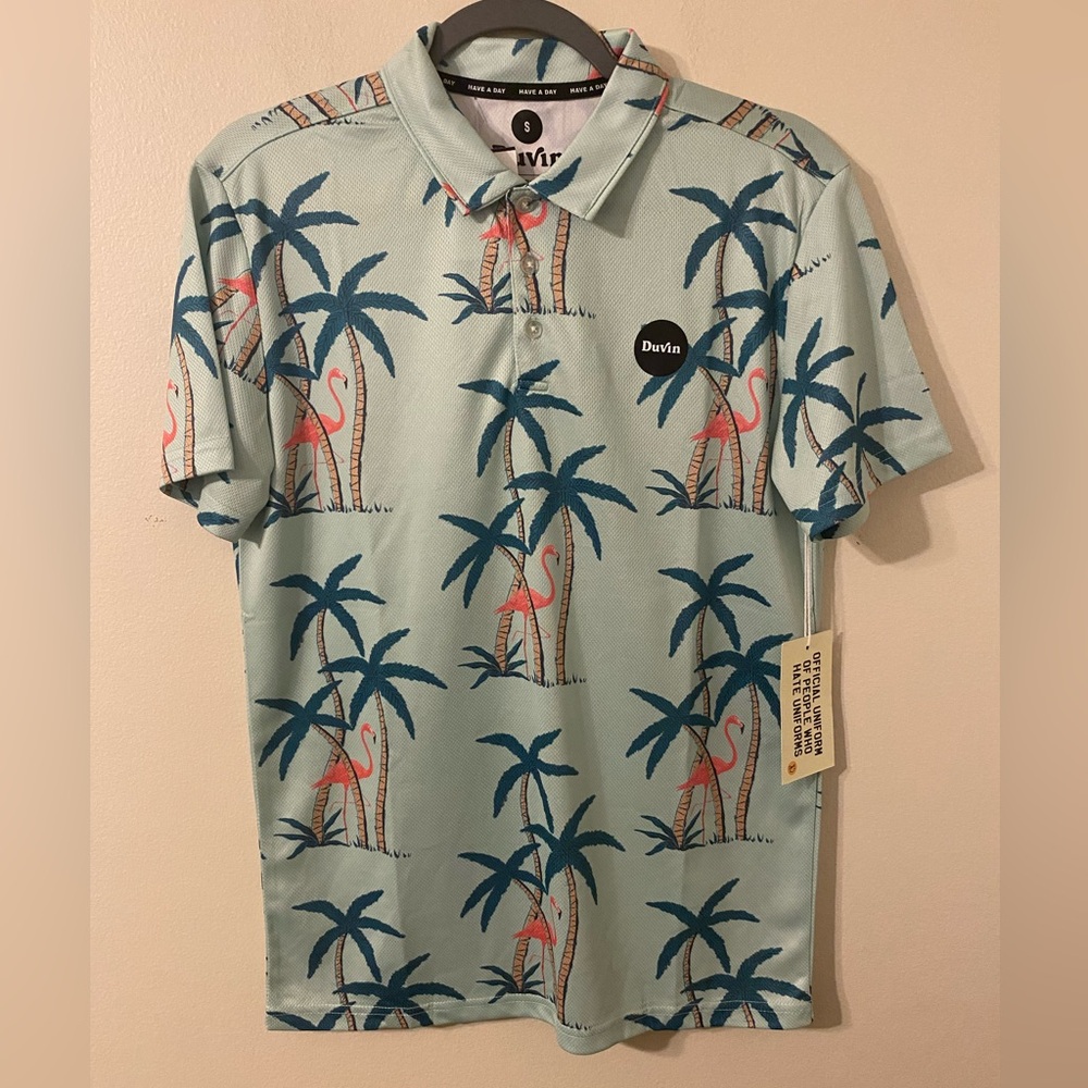 New NWT Mens Duvin Teal Green Palm Trees Flamingo Polo‎ Shirt Size Small